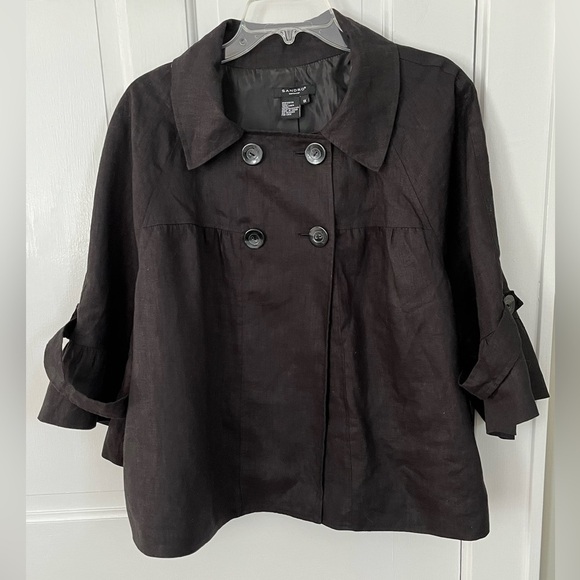 Sandro 100% Linen Black Double Breasted Swing Jacket Blazer 3/4 Sleeves Size XL - Picture 1 of 12